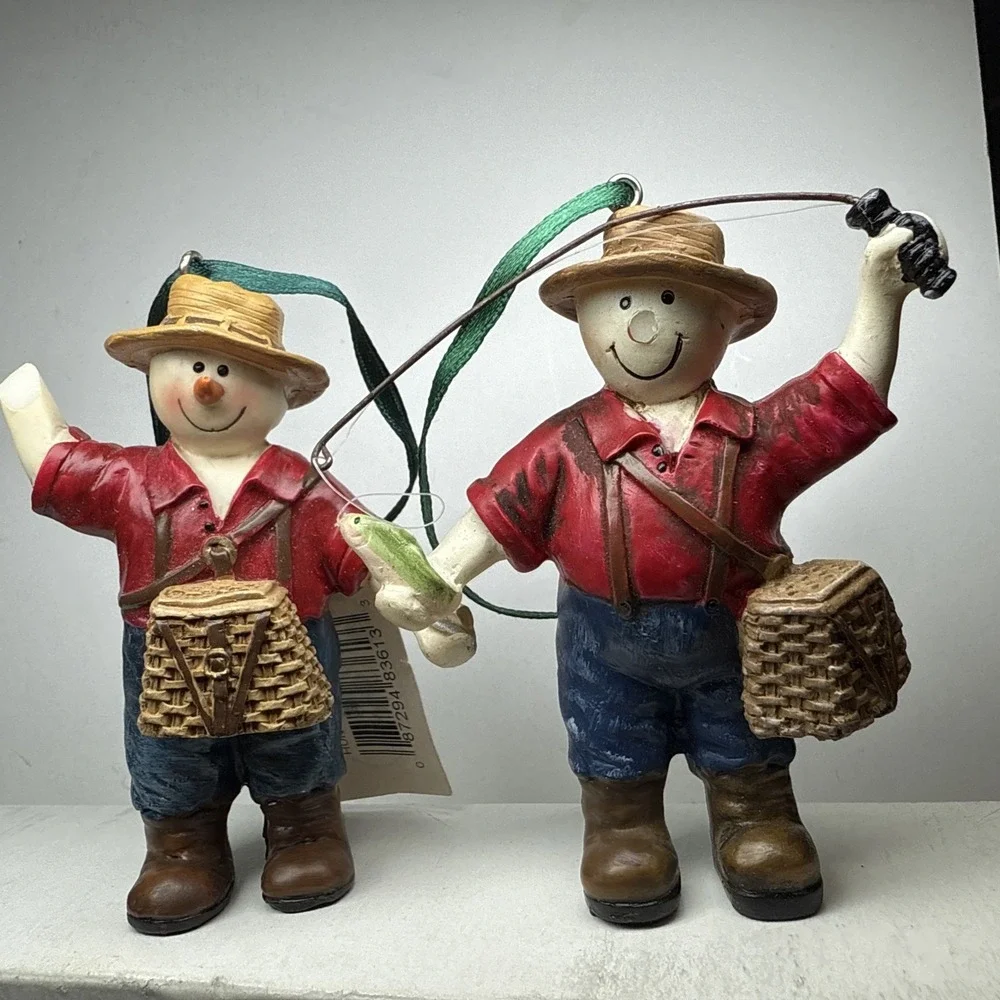 vintage‎ snowman figurines farmers Fishing . They are Christmas Collectables